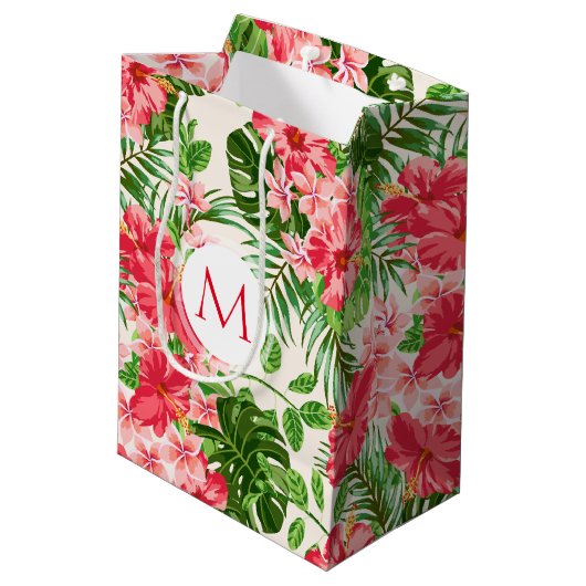 Floral Pattern Red Hibiscus Monogram M Gift Bag Medium Cadeauzakje (Achterkant Gekanteld)