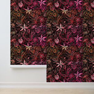 Floral Pattern Retro Black Pink Behang