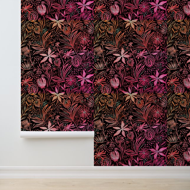 Floral Pattern Retro Black Pink Behang (Applicatie)