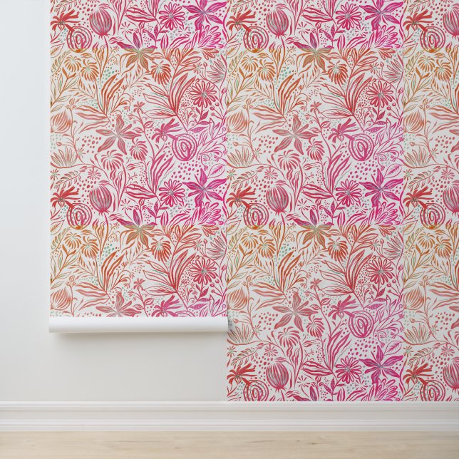 Floral Pattern Retro Orange Pink Behang (Applicatie)