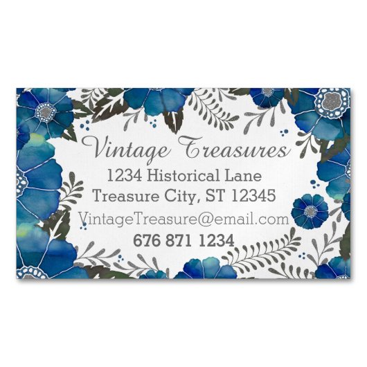 Floral Pattern Waterverf Blue Rustic Magnetisch Visitekaartje (Voorkant)