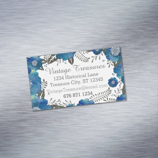 Floral Pattern Waterverf Blue Rustic Magnetisch Visitekaartje (Voorbeeld)