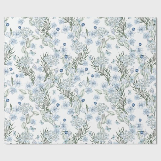 Floral Pattern Waterverf Blue White Butterfly Cadeaupapier (Vlak)