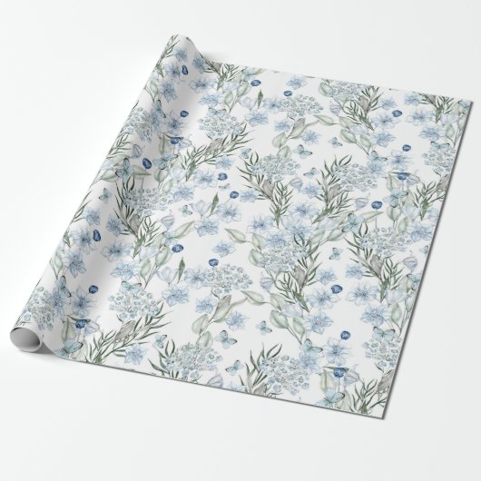Floral Pattern Waterverf Blue White Butterfly Cadeaupapier (Uitgerold)