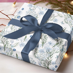 Floral Pattern Waterverf Blue White Butterfly Cadeaupapier