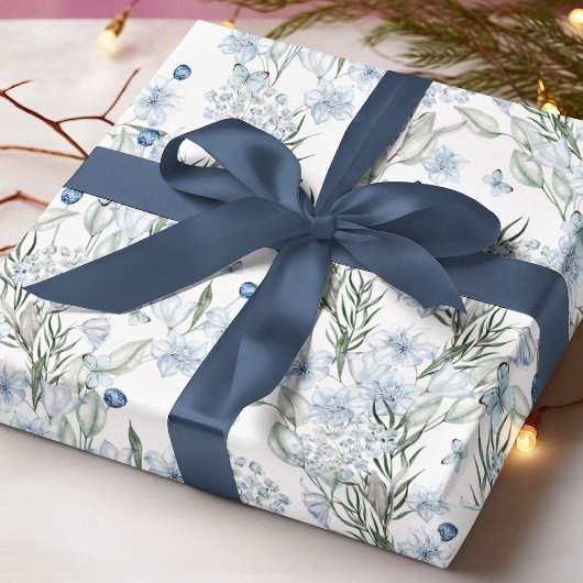 Floral Pattern Waterverf Blue White Butterfly Cadeaupapier