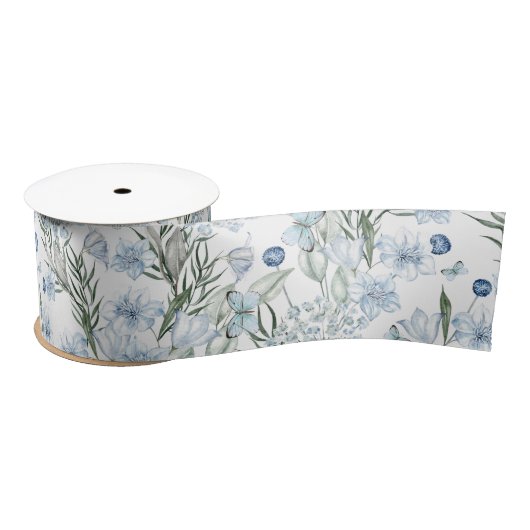 Floral Pattern Waterverf Blue White Butterfly Satijnen Lint (Spoel)
