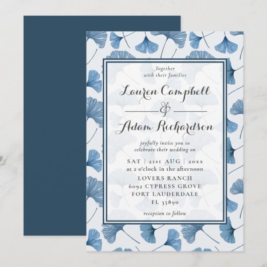 Floral Pattern Waterverf Blue & White Wedding Kaart (Voorkant / Achterkant)