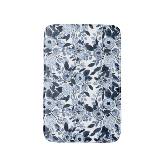 Floral Pattern Waterverf Navy Pastel Blue Badmat (Voorkant Verticaal)