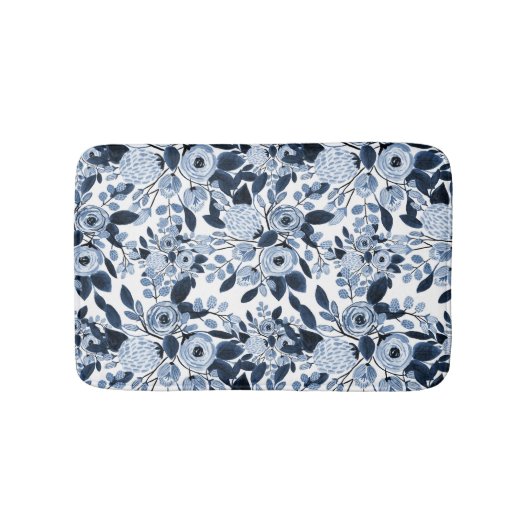 Floral Pattern Waterverf Navy Pastel Blue Badmat (Voorkant)