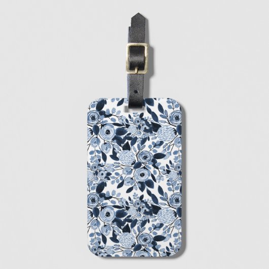 Floral Pattern Waterverf Navy Pastel Blue Bagagelabel (Voorkant (verticaal))
