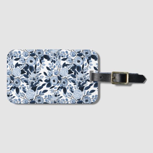 Floral Pattern Waterverf Navy Pastel Blue Bagagelabel (Voorkant (horizontaal))