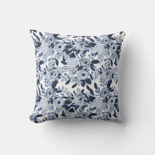Floral Pattern Waterverf Navy Pastel Blue Buitenkussen (Voorkant)