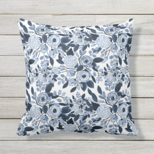 Floral Pattern Waterverf Navy Pastel Blue Buitenkussen