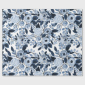 Floral Pattern Waterverf Navy Pastel Blue Cadeaupapier (Vlak)