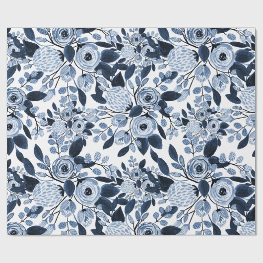 Floral Pattern Waterverf Navy Pastel Blue Cadeaupapier (Vlak)
