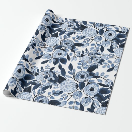 Floral Pattern Waterverf Navy Pastel Blue Cadeaupapier (Uitgerold)