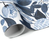 Floral Pattern Waterverf Navy Pastel Blue Cadeaupapier (Rol Hoek)