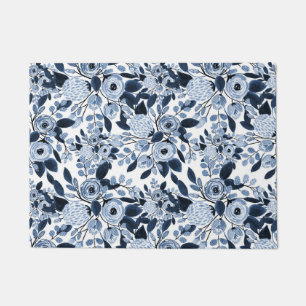 Floral Pattern Waterverf Navy Pastel Blue Deurmat
