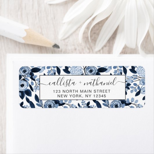 Floral Pattern Waterverf Navy Pastel Blue Etiket (Insitu)