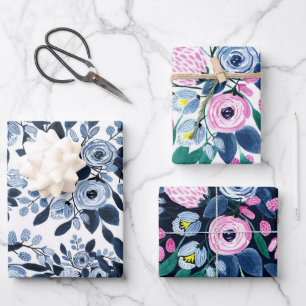Floral Pattern Waterverf Navy Pastel Blue Inpakpapier Vel
