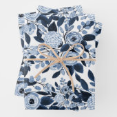 Floral Pattern Waterverf Navy Pastel Blue Inpakpapier Vel (In situ)