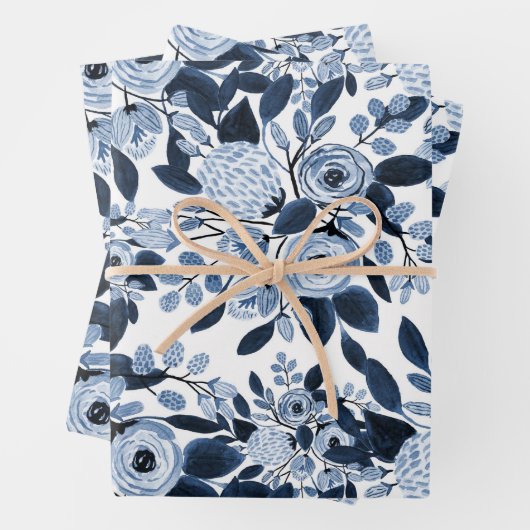 Floral Pattern Waterverf Navy Pastel Blue Inpakpapier Vel (In situ)