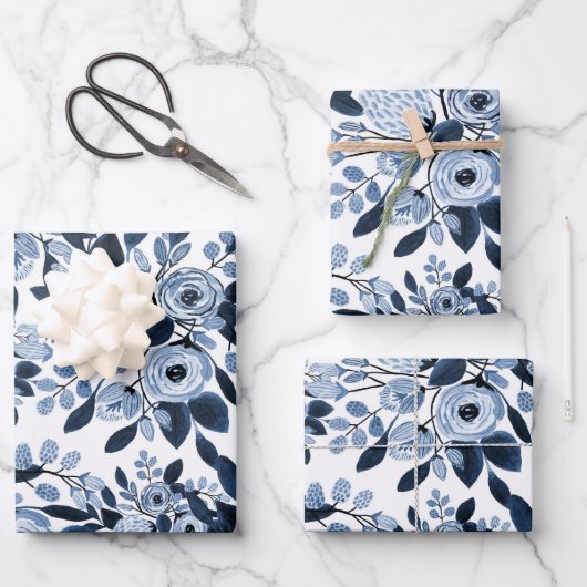 Floral Pattern Waterverf Navy Pastel Blue Inpakpapier Vel (Voorkant)