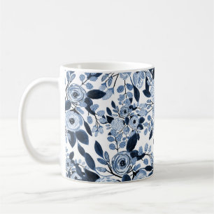 Floral Pattern Waterverf Navy Pastel Blue Koffiemok