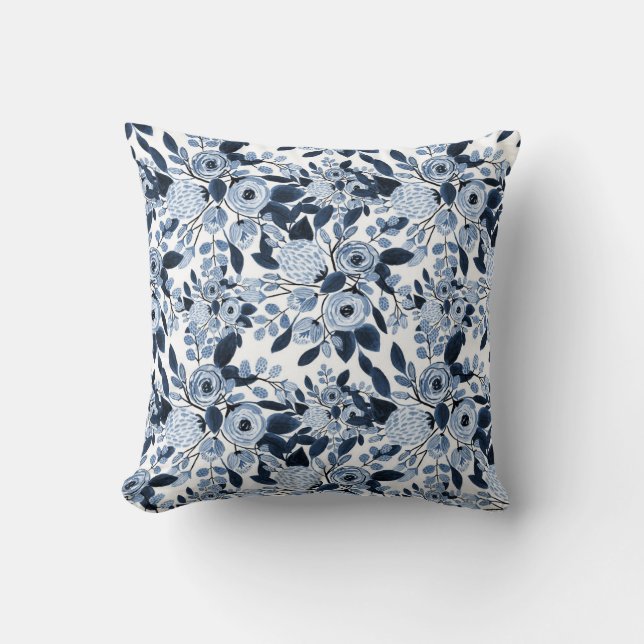 Floral Pattern Waterverf Navy Pastel Blue Kussen (Voorkant)