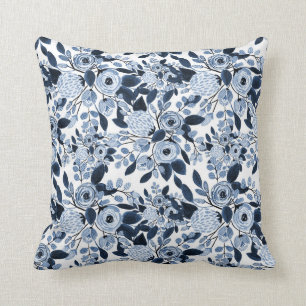 Floral Pattern Waterverf Navy Pastel Blue Kussen