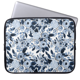 Floral Pattern Waterverf Navy Pastel Blue Laptop Sleeve