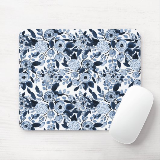 Floral Pattern Waterverf Navy Pastel Blue Muismat (Met muis)
