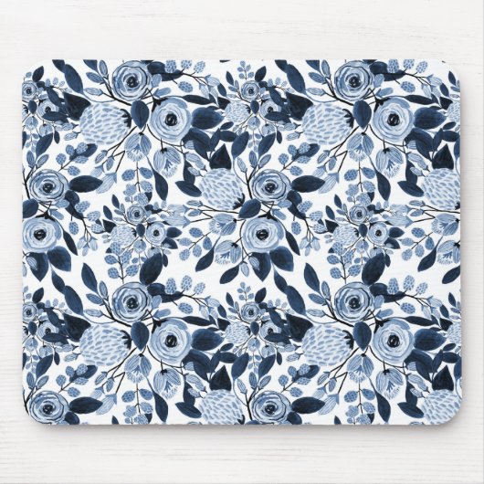 Floral Pattern Waterverf Navy Pastel Blue Muismat (Voorkant)