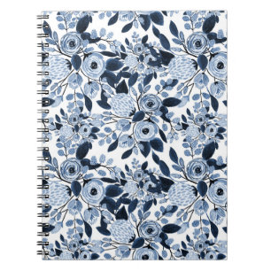 Floral Pattern Waterverf Navy Pastel Blue Notitieboek