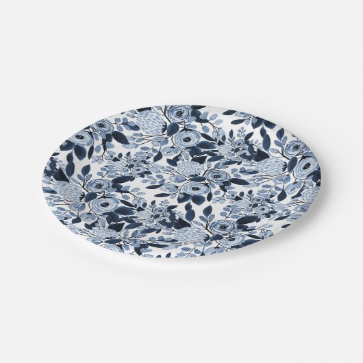 Floral Pattern Waterverf Navy Pastel Blue Papieren Bordje (Gekanteld)