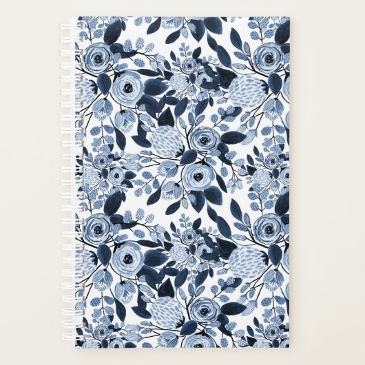 Floral Pattern Waterverf Navy Pastel Blue Planner (Voorkant)