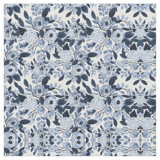 Floral Pattern Waterverf Navy Pastel Blue Stof (Close Up)