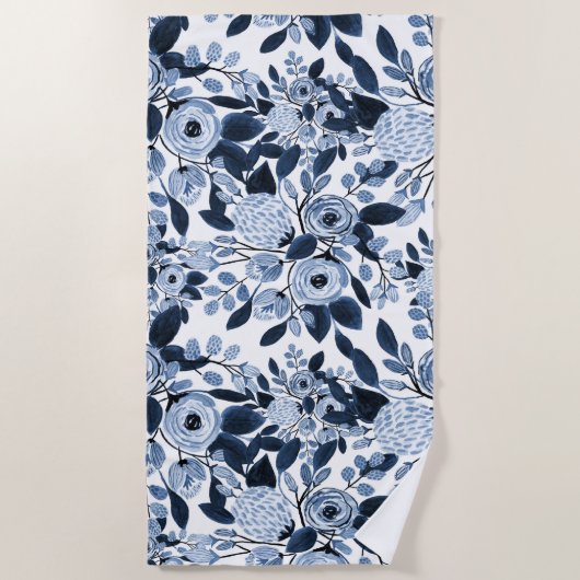 Floral Pattern Waterverf Navy Pastel Blue Strandlaken (Voorkant)
