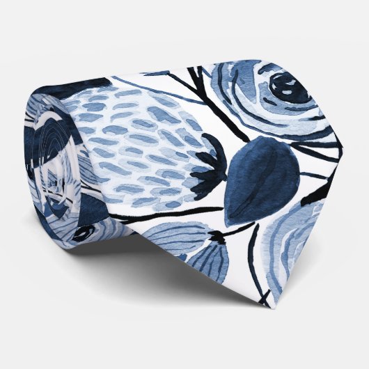 Floral Pattern Waterverf Navy Pastel Blue Stropdas (Opgerold)