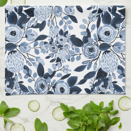 Floral Pattern Waterverf Navy Pastel Blue Theedoek (Gevouwen)