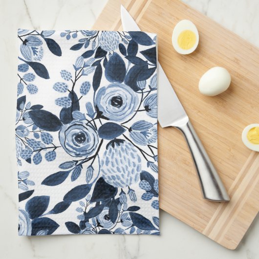 Floral Pattern Waterverf Navy Pastel Blue Theedoek (Quarter Fold)