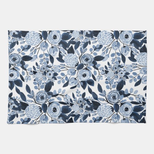 Floral Pattern Waterverf Navy Pastel Blue Theedoek (Horizontaal)