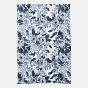 Floral Pattern Waterverf Navy Pastel Blue Theedoek