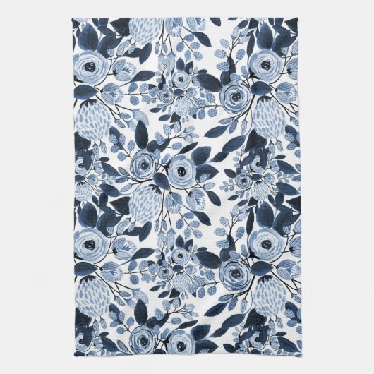 Floral Pattern Waterverf Navy Pastel Blue Theedoek (Verticaal)