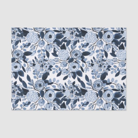 Floral Pattern Waterverf Navy Pastel Blue Tissuepapier (Voorkant)
