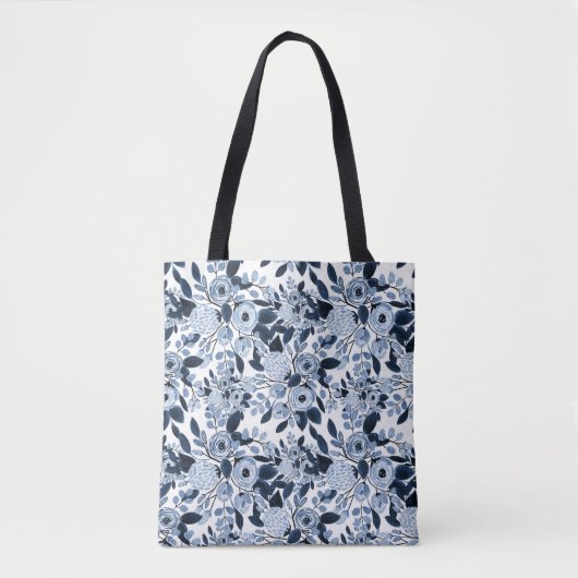 Floral Pattern Waterverf Navy Pastel Blue Tote Bag (Voorkant)