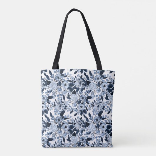Floral Pattern Waterverf Navy Pastel Blue Tote Bag (Achterkant)