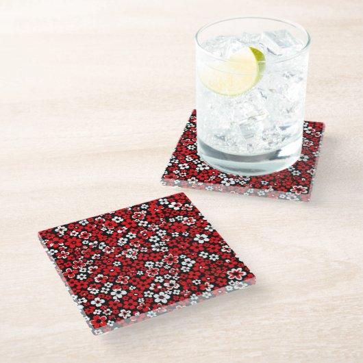 Floral Pattern White and Red Coaster Glazen Onderzetter (Schuin)