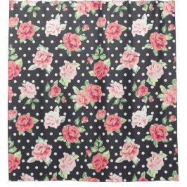 Floral Pattern White Polka Dot on Black Background Douchegordijn